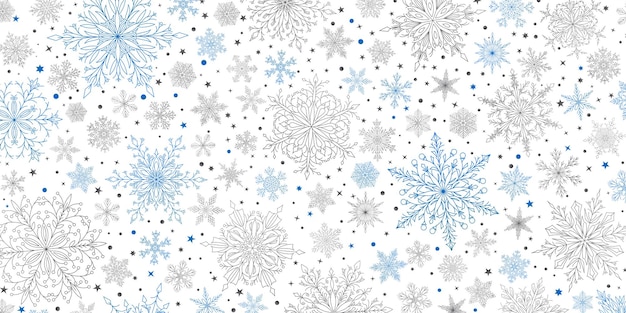 Arrière-plan De Grands Et Petits Flocons De Neige De Noël Complexes Aux Couleurs Bleu Et Gris Illustration D'hiver Avec Des Chutes De Neige