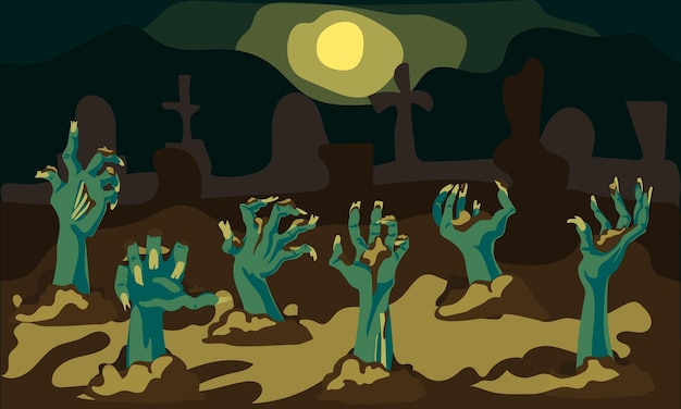 Vecteur arrière-plan d'halloween avec des mains de zombies qui vous attaquent les mains vous entourent et vous attaquent sur une lumière