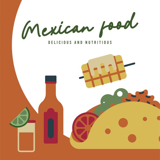 Arrière-plan d'illustration de nourriture mexicaine plate avec des icônes de nourriture