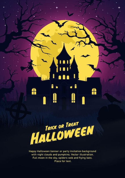 Arrière-plan D'illustration Vectorielle D'halloween Avec Une Maison Hantée Et La Pleine Lune