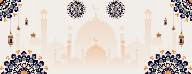 Vecteur arrière-plan islamique avec des lanternes mandala étoiles et mosquée grand pour le ramadan kareem bannière eid mubarak bannière et d'autres célébrations islamiques illustration vectorielle