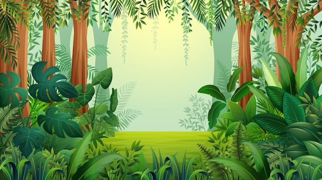Arrière-plan de la jungle avec des arbres et des feuilles vertes