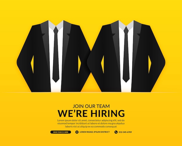 Arrière-plan de médias sociaux de vacance d'emploi minimale, nous sommes une bannière avec un concept de costume d'homme d'affaires