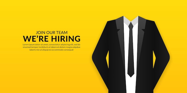 Arrière-plan de médias sociaux de vacance d'emploi minimale, nous sommes une bannière avec un concept de costume d'homme d'affaires