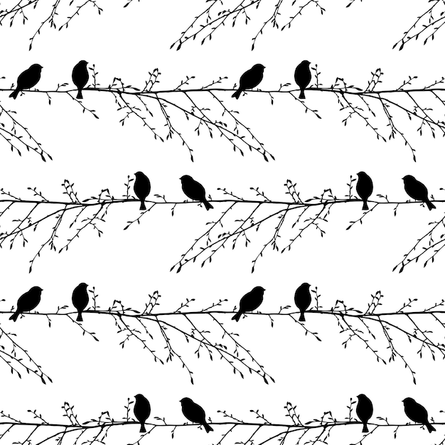 Vecteur arrière-plan de motifs vectoriels sans couture de silhouettes de moineaux d'oiseaux assis sur des branches d'arbres au printemps