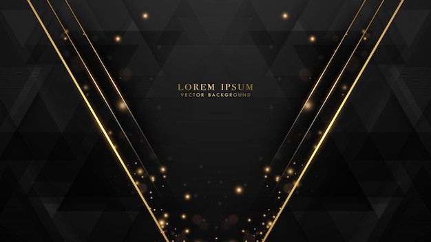 Arrière-plan noir de luxe avec des formes triangulaires noires, une ligne dorée, un effet de lumière étincelant et un bokeh