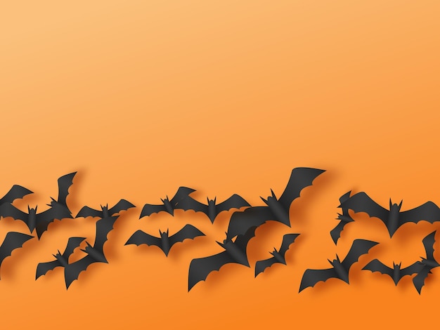 Arrière-plan Orange D'halloween Avec Des Chauves-souris Volantes Coupées En Papier Place De Vue Supérieure Pour Le Texte Illustration Vectorielle