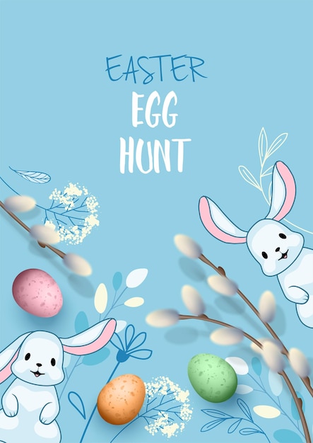 Arrière-plan de Pâques avec des lettres de chasse aux œufs mignons lapins dessinés à la main