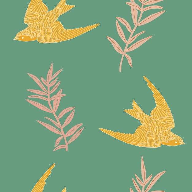 Vecteur arrière-plan de répétition de style vintage oiseau moineau sauvage volant et plantes branches sur fond vert pastel