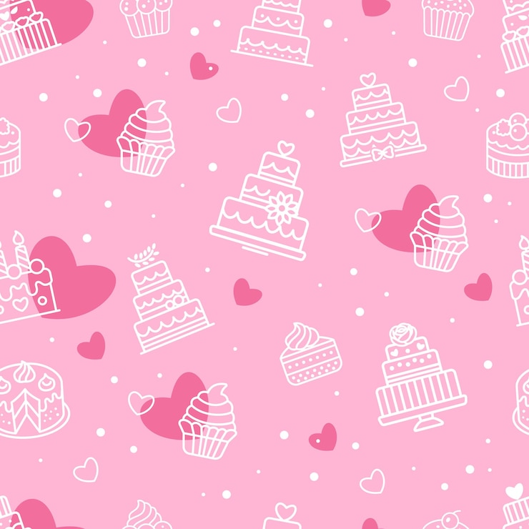 Vecteur arrière-plan rose avec un gâteau et des motifs de cœur illustration vectorielle