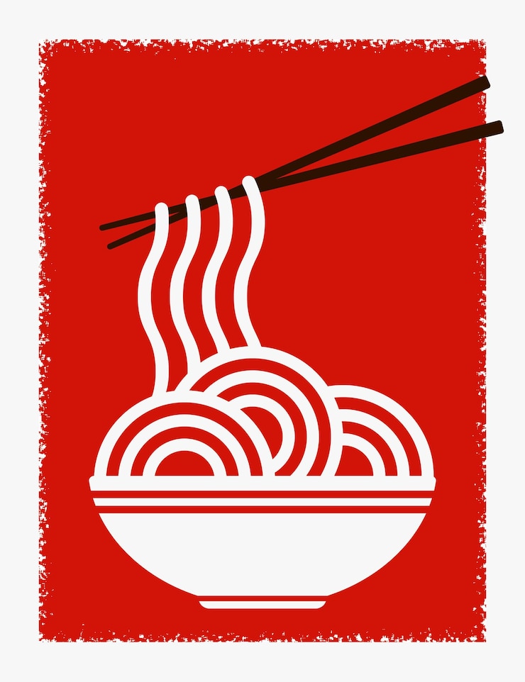 Vecteur arrière-plan rouge avec un bol de nouilles et des baguettes vector illustration