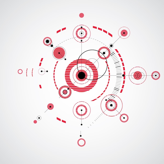 Arrière-plan rouge vectoriel Bauhaus modulaire, créé à partir de figures géométriques simples comme des cercles et des lignes. Idéal pour une utilisation comme affiche publicitaire ou conception de bannière. Schéma mécanique abstrait.