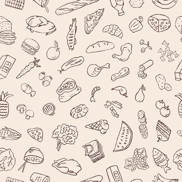 Arrière-plan sans couture des dessins de contour diverses denrées alimentaires