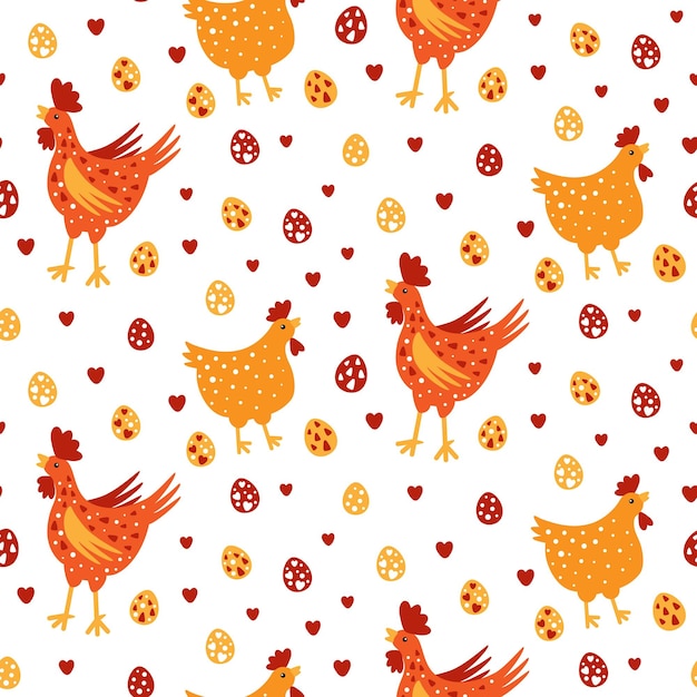 Arrière-plan Sans Couture Vectoriel De Pâques Avec Des Poules Et Des œufs