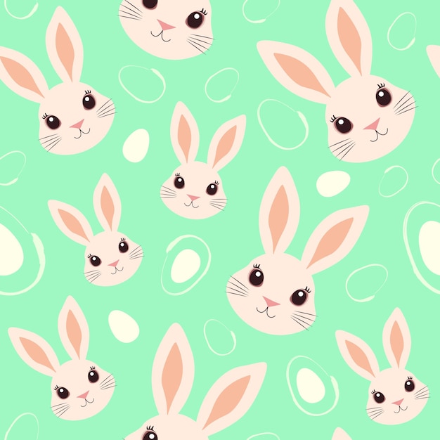 Arrière-plan sans couture avec des visages de lapins de Pâques et des œufs stylisés Illustration plate Bonne Pâques