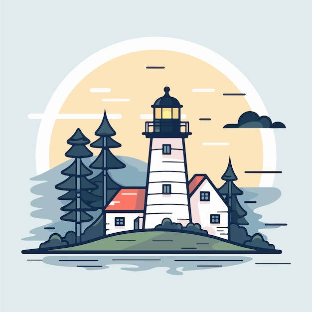 Vecteur en arrière-plan se trouvent des arbres et un phare sur une île dans le style vectoriel minimaliste