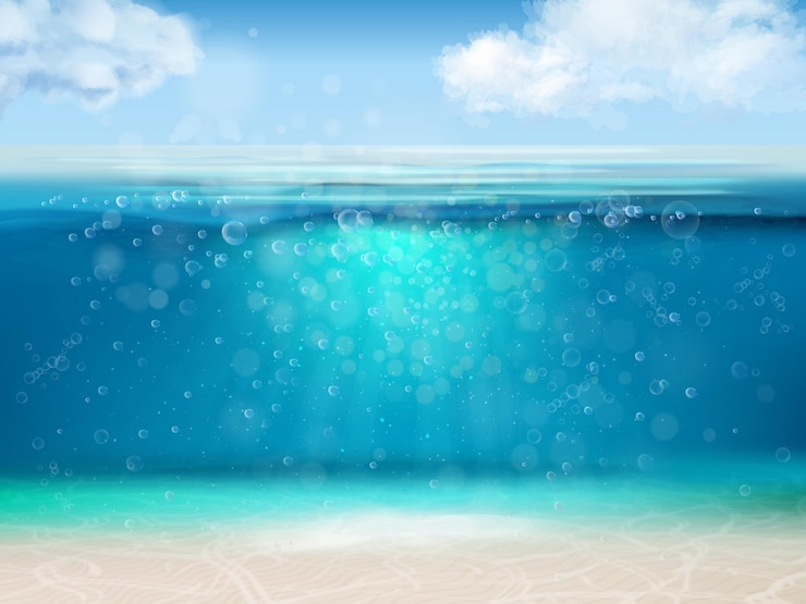 Vecteur arrière-plan sous-marin réaliste fond du lac ou de la mer sous l'eau ligne d'eau de l'océan horizon du ciel profondeur sombre sous les vagues sous-marin