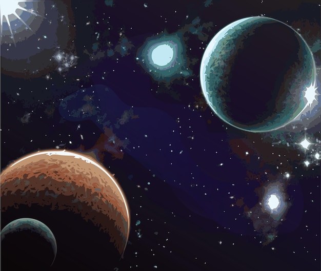 Arrière-plan spatial coloré Planètes brillantes à la lumière des étoiles Illustration vectorielle cosmique réaliste