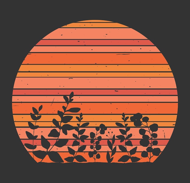 Arrière-plan De Style Rétro Avec Coucher De Soleil Et Plantes Texture Grunge Vintage Illustration Vectorielle