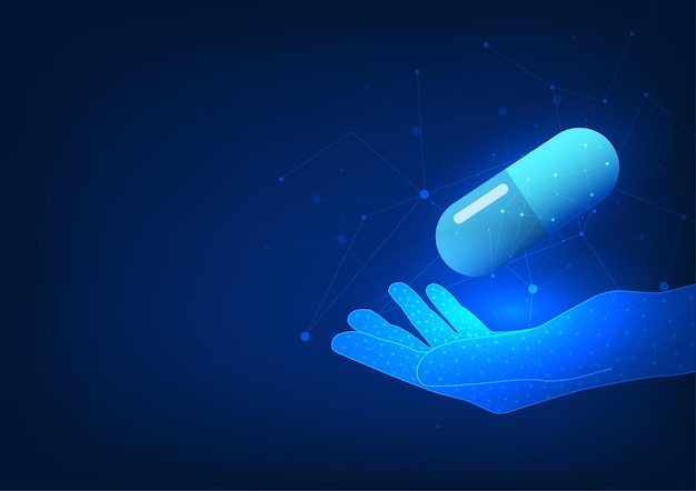 Vecteur arrière-plan technologique avec une main tenant une pilule symbolisant l'assistance médicale moderne futuriste
