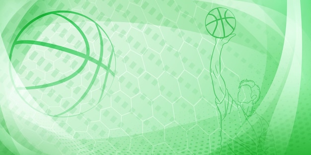 Vecteur arrière-plan sur le thème du basket-ball en tons verts avec des courbes de mailles abstraites et des points avec un joueur de basket-ball masculin et une balle