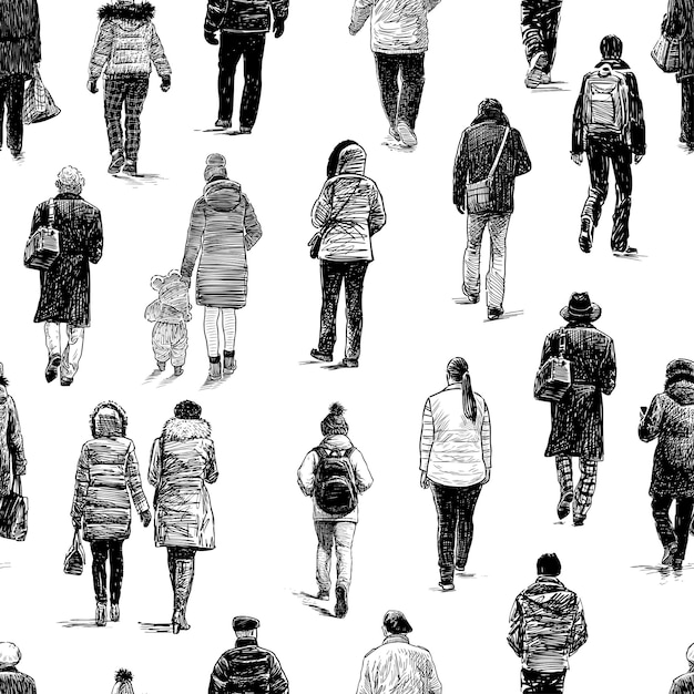 Arrière-plan Transparent à Partir De Croquis, Foule De Citoyens Occasionnels Marchant Le Long De La Rue