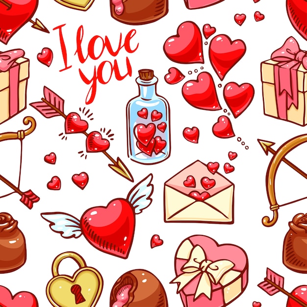 Arrière-plan Transparent De La Saint-valentin. Coeur, Cadeaux, Bonbons. Illustration Dessinée à La Main