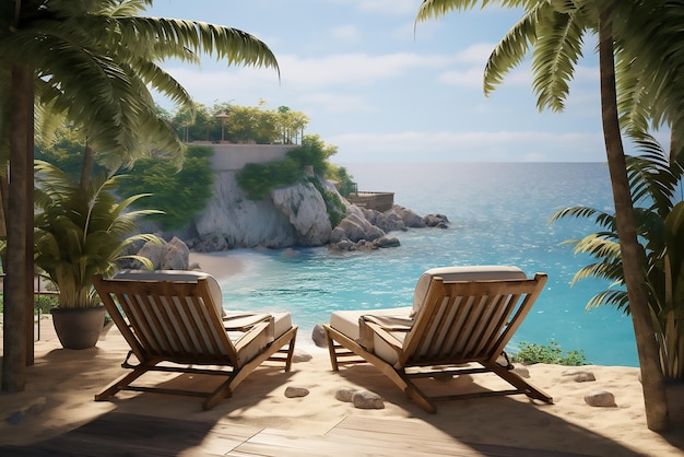 Vecteur arrière-plan tropical deux fauteuils de soleil debout sur une belle plage tropicale avec des palmiers