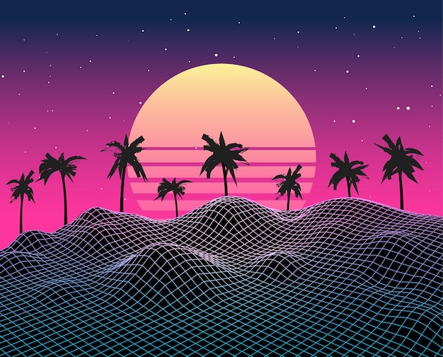 Arrière-plan Vaporwave Rétro Paysage Futur Grille De Synthwave Laser Esthétique Des Années 80