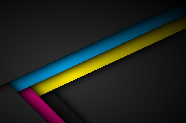 Vecteur arrière-plan vectoriel abstrait avec des lignes en couleurs cmyk triangle chevauchement des couches sur fond noir avec de l'espace libre pour votre conception