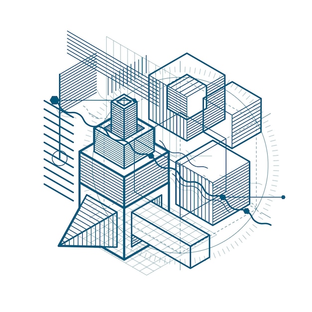 Arrière-plan vectoriel abstrait avec des lignes et des formes isométriques. Des cubes, des hexagones, des carrés, des rectangles et différents éléments abstraits.