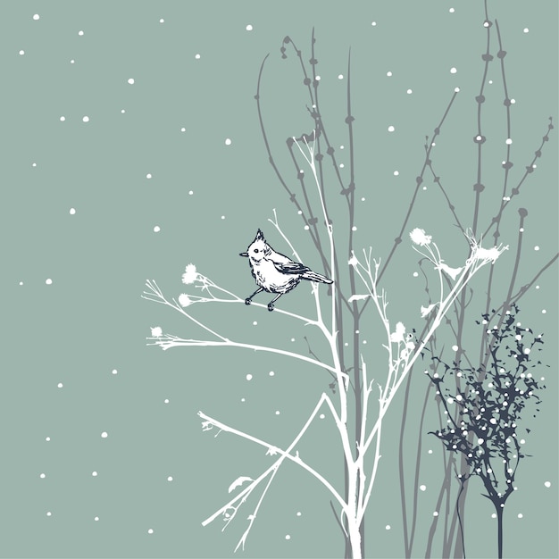 Arrière-plan Vectoriel D'hiver Avec Un Oiseau Assis Sur Des Plantes Herbeuses Sèches Par Une Journée Glaciale Enneigée