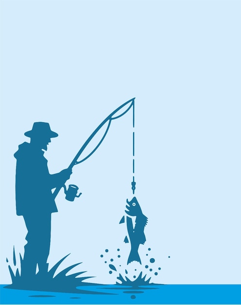 Vecteur arrière-plan vectoriel avec motif de pochoir pêcheur pris de poisson sur une canne à pêche