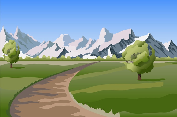 Vecteur arrière-plan vectoriel paysage de montagne avec route et arbre champ vert