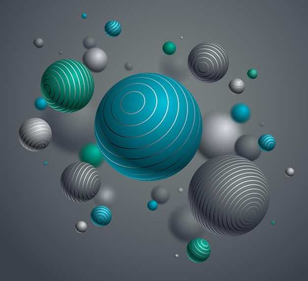 Vecteur arrière-plan vectoriel de sphères abstraites, composition de boules volantes décorées de lignes, globes réalistes mixtes 3d, effet de profondeur de champ réaliste.
