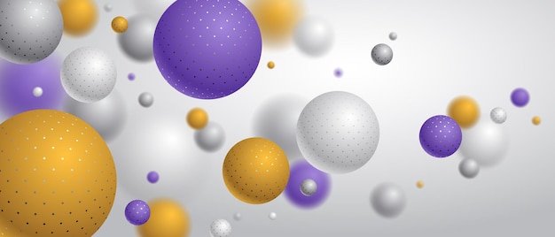 Vecteur arrière-plan vectoriel de sphères pointillées abstraites, composition de boules volantes décorées de points, globes réalistes mixtes 3d, effet de profondeur de champ réaliste.