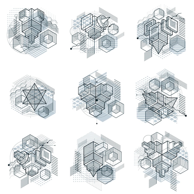 Arrière-plans abstraits avec éléments isométriques, art linéaire vectoriel avec lignes et formes. Cubes, hexagones, carrés, rectangles et différents éléments abstraits. Ensemble vectoriel.