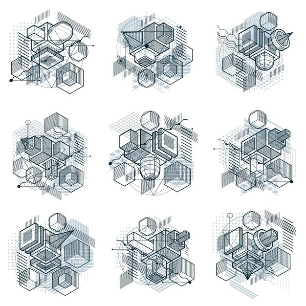 Arrière-plans abstraits isométriques avec des formes dimensionnelles linéaires, éléments de maillage 3D vectoriels. Compositions de cubes, hexagones, carrés, rectangles et différents éléments abstraits. Collecte de vecteurs.