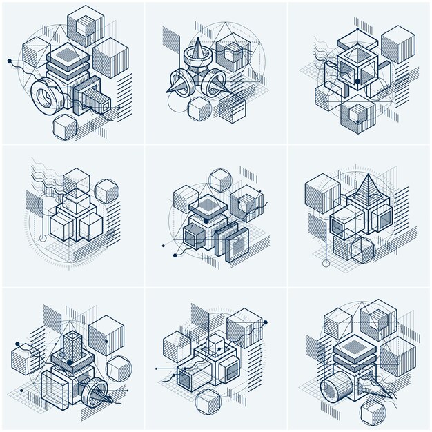 Arrière-plans abstraits isométriques avec des formes dimensionnelles linéaires, éléments de maillage 3D vectoriels. Compositions de cubes, hexagones, carrés, rectangles et différents éléments abstraits. Collecte de vecteurs.