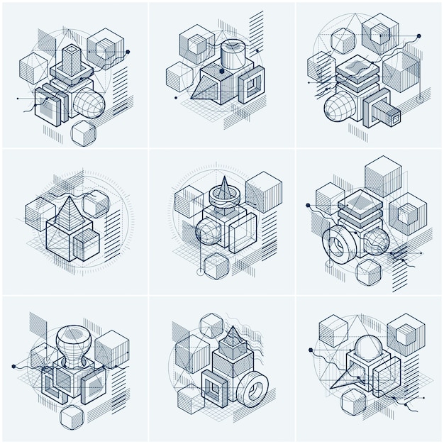 Arrière-plans abstraits isométriques avec des formes dimensionnelles linéaires, éléments de maillage 3D vectoriels. Compositions de cubes, hexagones, carrés, rectangles et différents éléments abstraits. Collecte de vecteurs.