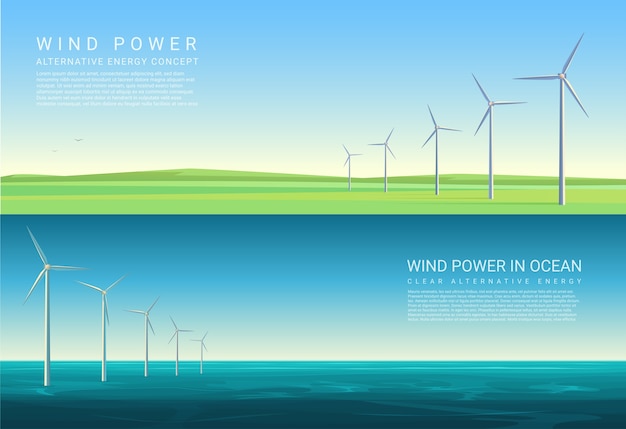 Arrière-plans De Concept Horizontal D'énergie Avec Des éoliennes Dans Le Champ De Prairie Verte Et La Mer De L'océan.