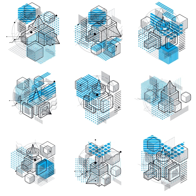 Des arrière-plans isométriques abstraits, une disposition vectorielle 3D. Des compositions de cubes, d'hexagones, de carrés, de rectangles et de différents éléments abstraits. Une collection de vecteurs.