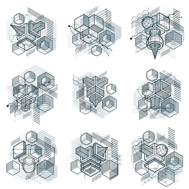 Arrière-plans isométriques abstraits, mise en page vectorielle 3d. Compositions de cubes, hexagones, carrés, rectangles et différents éléments abstraits. Collecte de vecteur.