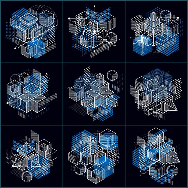 Arrière-plans isométriques vectoriels abstraits 3D. Dispositions de cubes, hexagones, carrés, rectangles et différents éléments abstraits. Collecte de vecteurs.