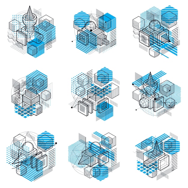 Arrière-plans isométriques vectoriels abstraits 3D. Dispositions de cubes, hexagones, carrés, rectangles et différents éléments abstraits. Collecte de vecteurs.