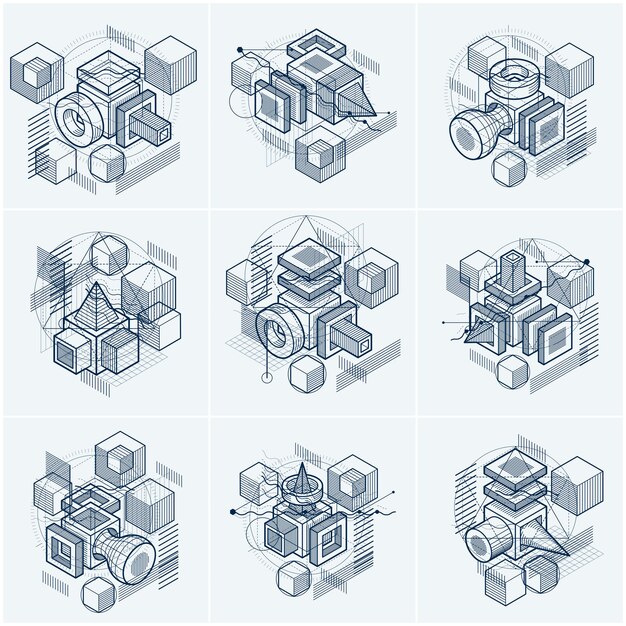 Arrière-plans isométriques vectoriels abstraits 3D. Dispositions de cubes, hexagones, carrés, rectangles et différents éléments abstraits. Collecte de vecteurs.