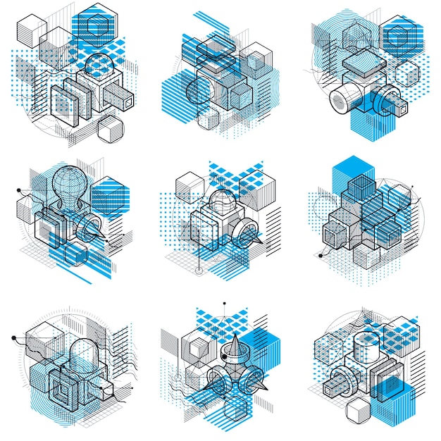 Arrière-plans isométriques vectoriels abstraits 3D. Dispositions de cubes, hexagones, carrés, rectangles et différents éléments abstraits. Collecte de vecteurs.