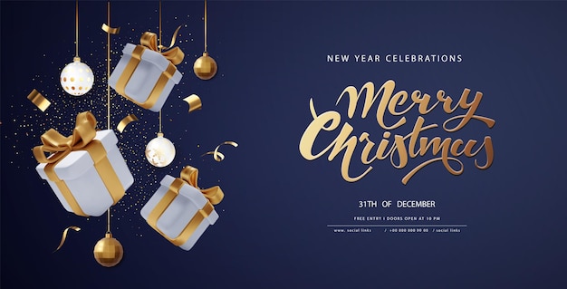 Arrière-plans de tendance 3D réalistes de Noël Coffrets cadeaux 3d dorés avec ruban doré accrochés sur un fond sombre Place pour une inscription