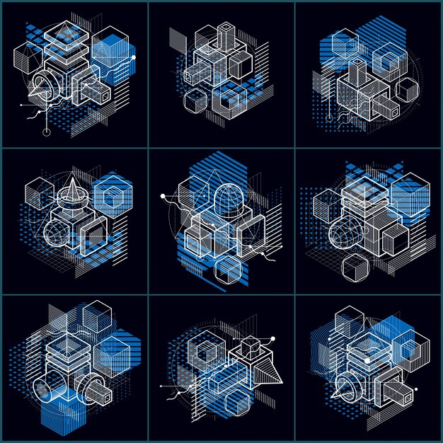 Arrière-plans vectoriels abstraits linéaires isométriques, abstractions bordées. Cubes, hexagones, carrés, rectangles et différents éléments abstraits. Ensemble vectoriel.