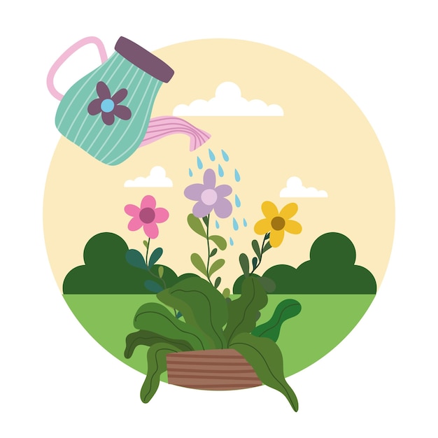 Vecteur l'arrosage de jardinage pulvérise de l'eau sur les fleurs dans l'illustration du pot